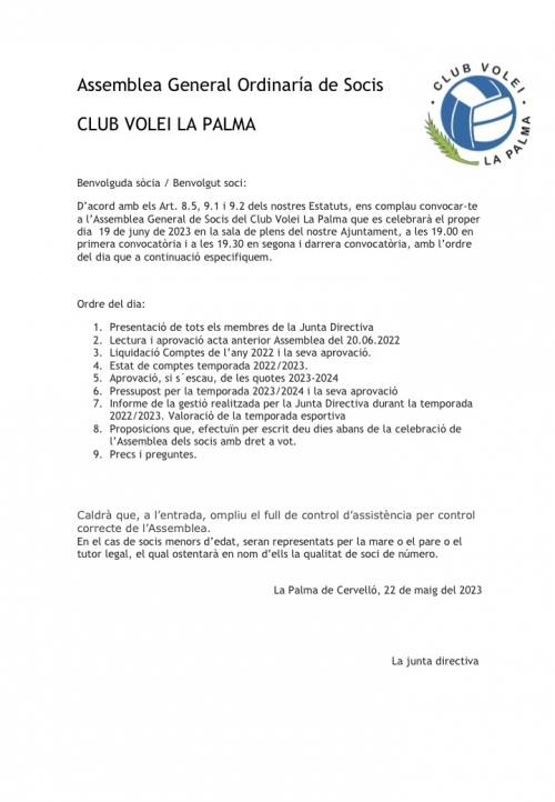 CONVOCATÒRIA ASSEMBLEA ORDINARIA 2022 (19.06.2023) - Club Volei La Palma