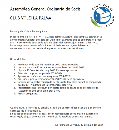 CONVOCATÒRIA ASSEMBLEA ORDINARIA 2023 (17.06.2024) - Club Volei La Palma