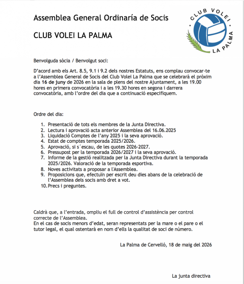 (16.06.2026) ASSEMBLEA ORDINARIA 2025 - Club Volei La Palma